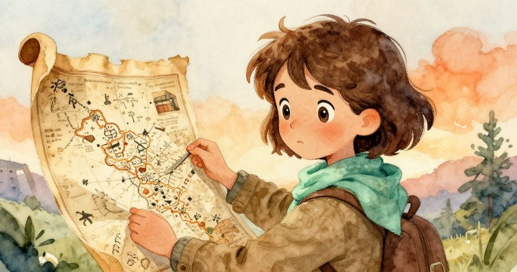 Evelyn專注地檢視一張古老地圖，細膩筆記點綴其上，表情充滿好奇與期待，背景映襯迷人海村。