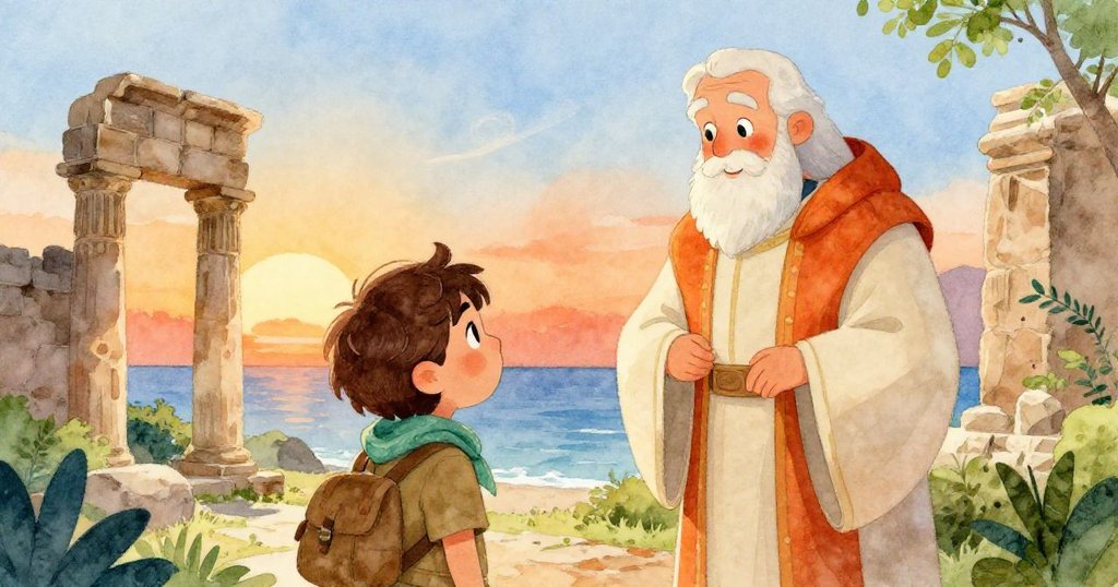 Evelyn背影望向一位來自遠方的使者，聆聽他講述古跡秘密，夕陽金光映襯，情緒充滿敬意與期待。