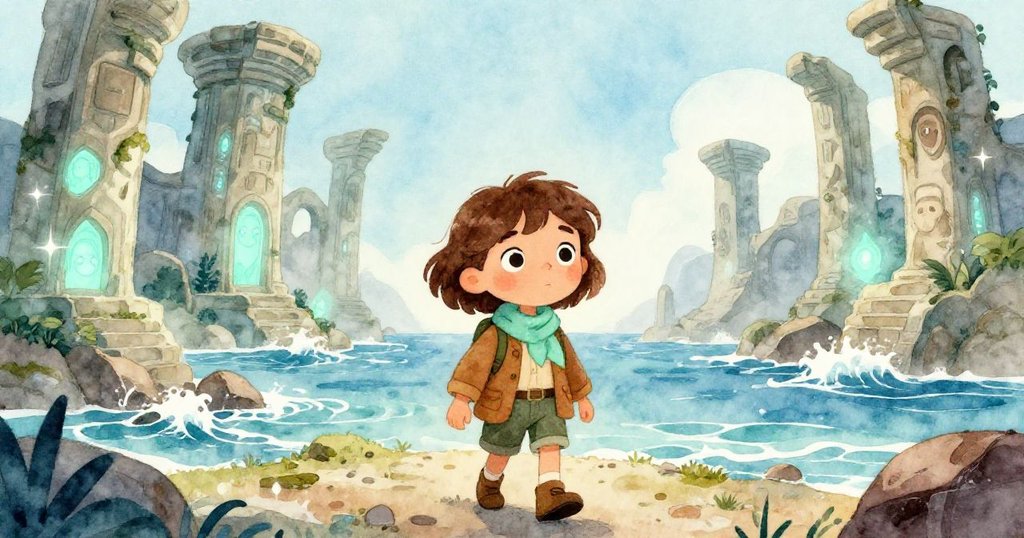 在神秘遺跡發出柔光之際，Evelyn好奇前行，海浪輕拍岩石，環境充滿自然與歷史交織的詭譎氛圍。