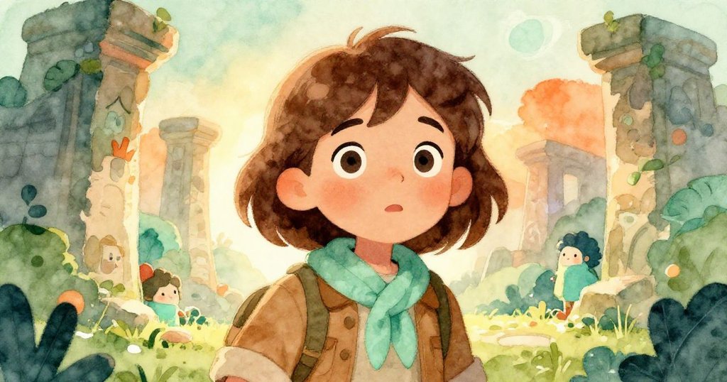 Evelyn驚喜凝視發光古跡，眼神充滿敬畏與決心，柔和光芒映照臉龐，道出她成為守護者的宿命。