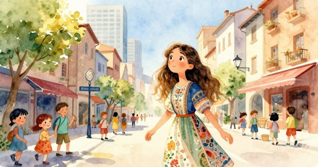 艾米莉亞走進繁華的城市街道，目光充滿好奇與希望，背景中傳統與現代建築交織，陽光明媚。