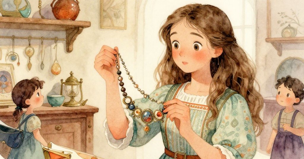 艾米莉亞在古董店內仔細檢視精緻的項鍊，手部動作溫柔展現出她對神秘傳承的驚奇與期待。