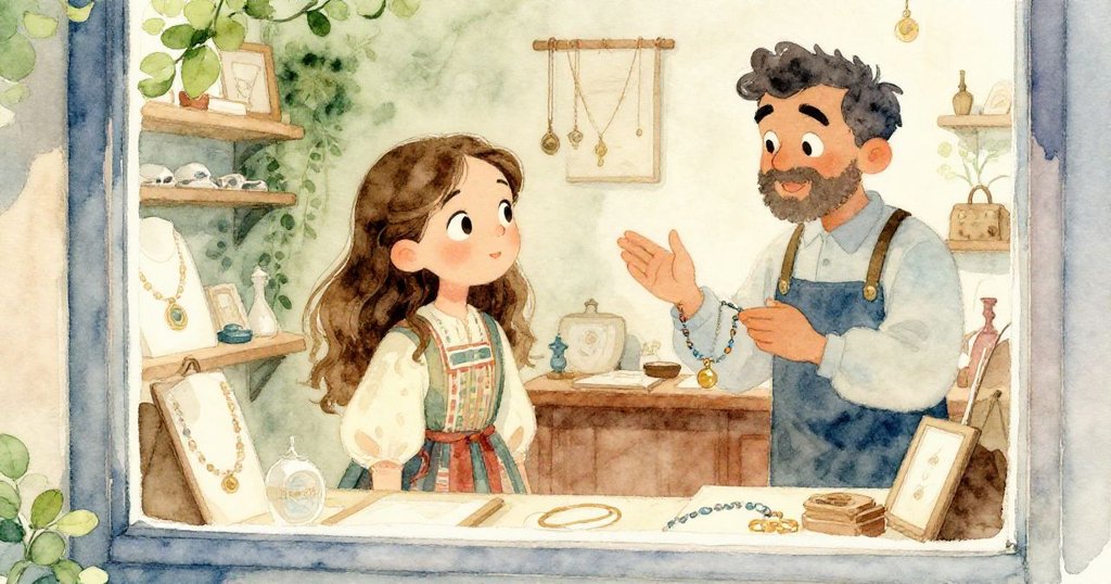 艾米莉亞透過復古玻璃窗凝望店內，眼中洋溢著驚奇，友善的店主正解釋著項鍊背後的歷史故事。