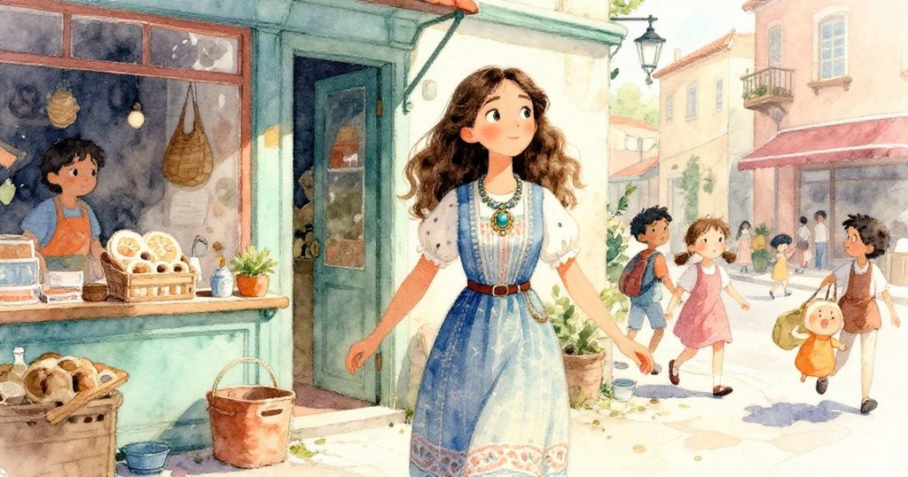 艾米莉亞佩戴項鍊自古董店走出，滿懷冒險精神走進繁忙都市街道，與熱鬧人群互動。