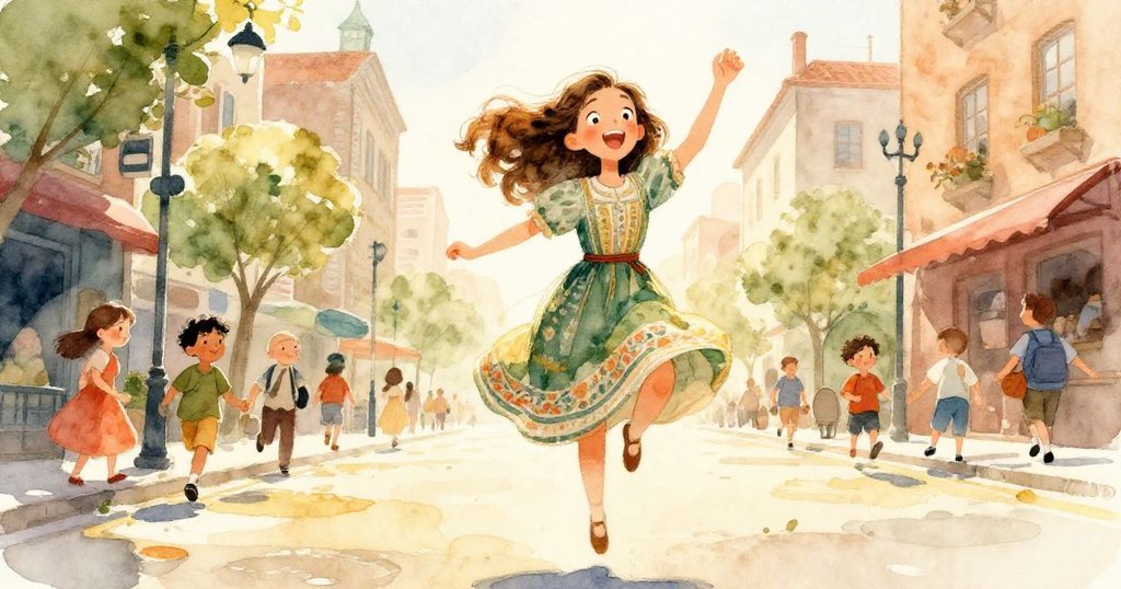 艾米莉亞在都市街道上快樂跳躍，動感十足的姿態與飄逸裙擺融合古典魅力與現代氣息，充滿活力。