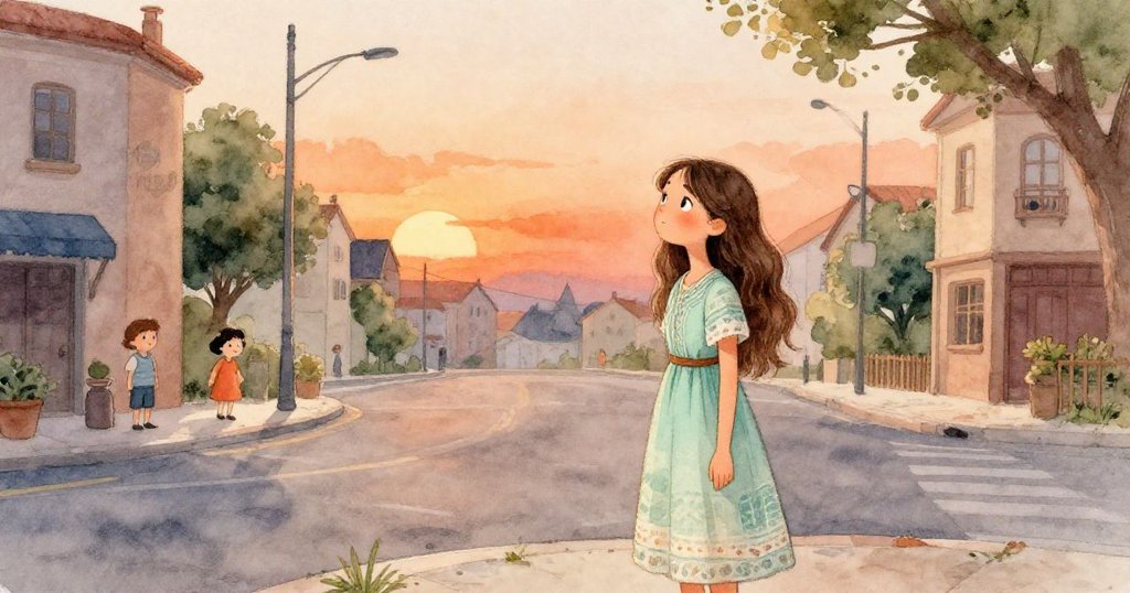 艾米莉亞在夕陽下的街角靜靜沉思，臉上帶著平和微笑，溫柔的光影中回味美好且魔幻的一天。