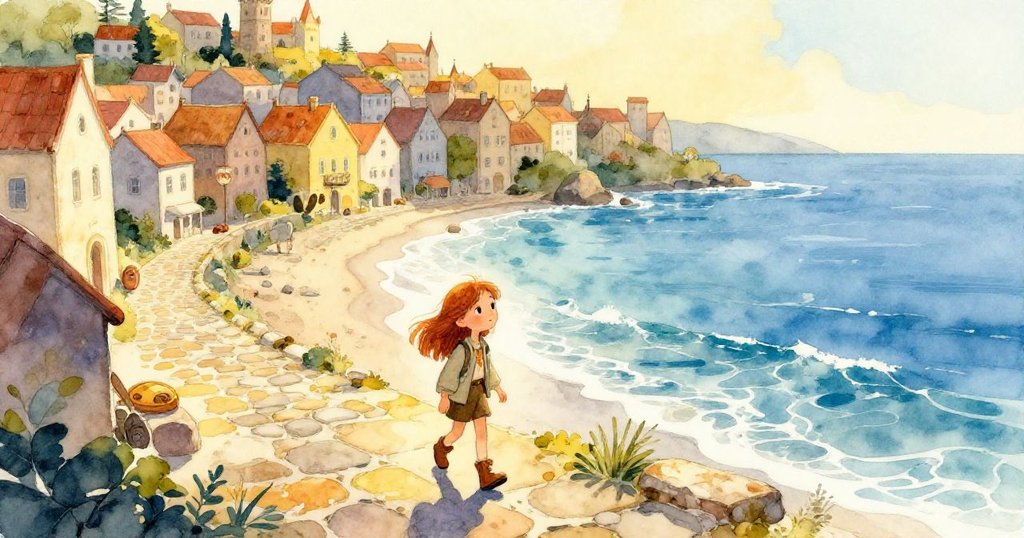 阿米莉亞在黎明時分走過古鎮，從高空俯瞰展現陽光灑落舊石板路與海浪輕拍岸邊，充滿神秘與歷史感