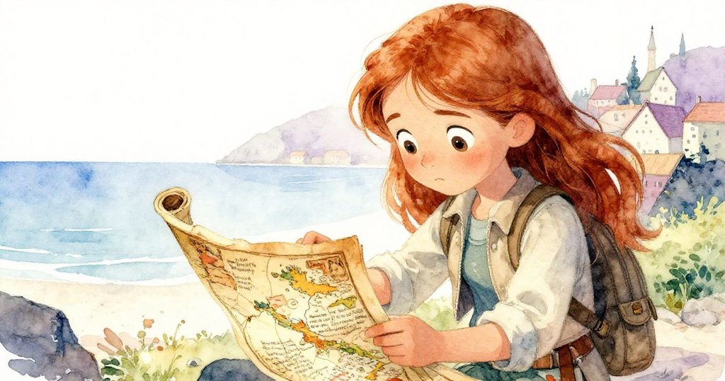 阿米莉亞專注地查看一幅古老地圖，臉上滿是驚奇與興奮，細緻捕捉探索秘密的心情