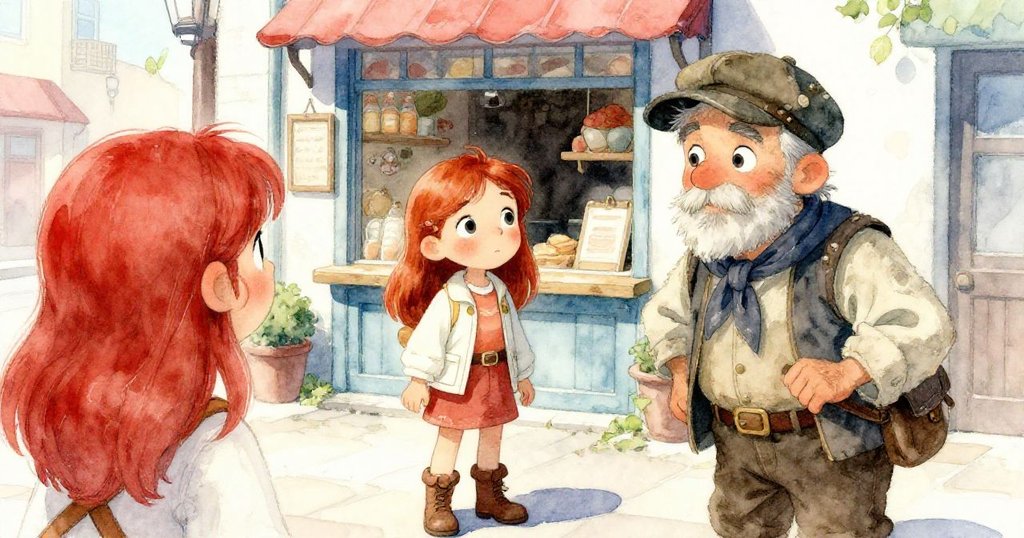 阿米莉亞與奧文在古鎮麵包店前交談，奧文以溫暖手勢講述秘密，阿米莉亞全神貫注，充滿期待