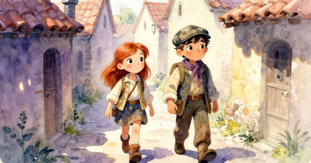 阿米莉亞與奧文在舊巷中漫步，斑駁陽光與陰影映照歷史氣息，步步皆透露古老傳說