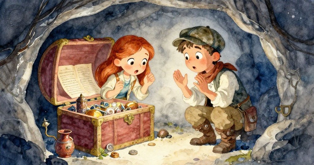 阿米莉亞與奧文在燈塔下秘密室中發現古老寶箱，臉上映出驚喜與勝利，細膩展現解密歷程