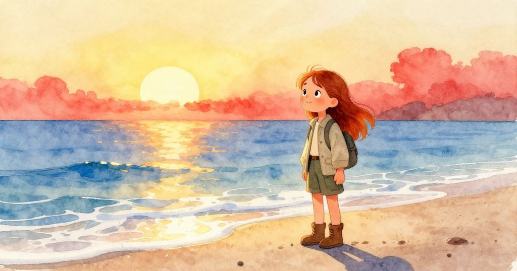 阿米莉亞在日落海岸靜立，金色餘暉映襯溫柔海潮，臉上流露著成長與內心平靜的深情