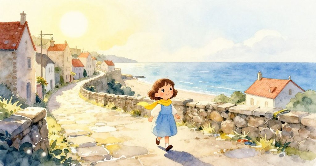 Ava迎著曙光走進古老村莊，充滿好奇與興奮，石板路上露水閃爍，背景展現歷史與溫暖晨光。