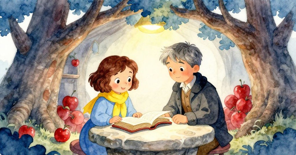 在古橡樹下的密室內，Ava與Sam驚喜地檢視記錄村莊歷史的古帳本，營造神秘而溫暖的探險氛圍。