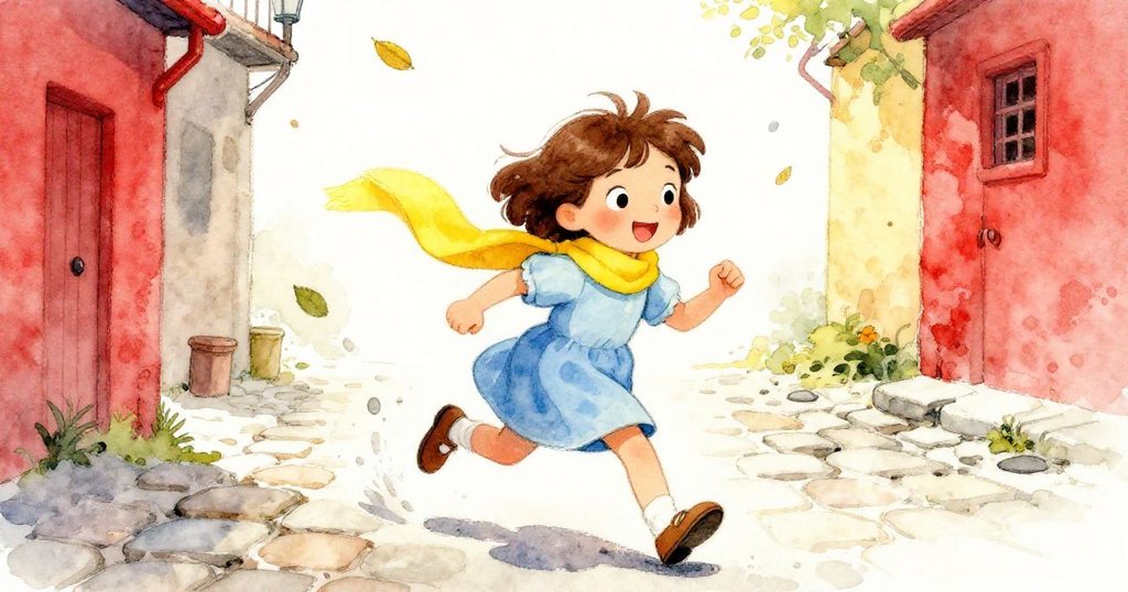 Ava在石板巷道中快步奔跑，身影充滿活力與探險熱情，背景展示歷史痕跡與風中落葉。