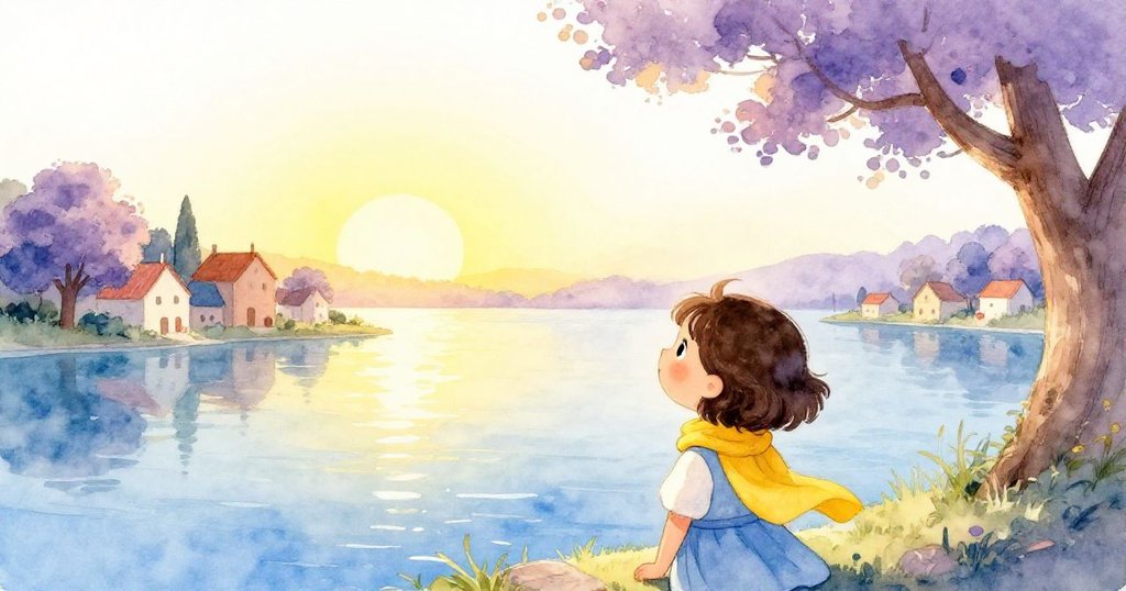 陽光穿透薄雲，Ava站在廣闊村莊前，滿懷感激凝望古樹與海岸，象徵著智慧與平靜的冒險終章。