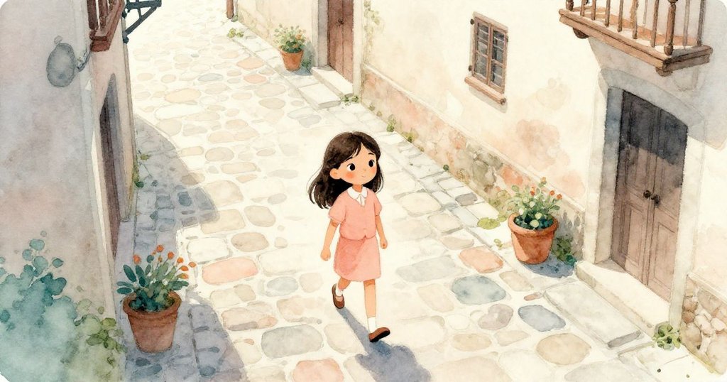 瑪莉索爾在黃昏古巷中漫步,俯瞰古老石板路與斑駁建築,呈現奇幻歷史旅程開端。