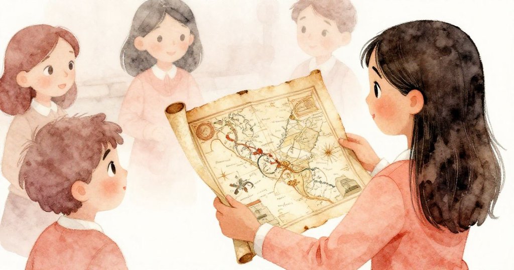 從背後看瑪莉索爾專注於古老地圖,手指輕觸歷史密碼,牆面陳舊展現隱秘傳奇。