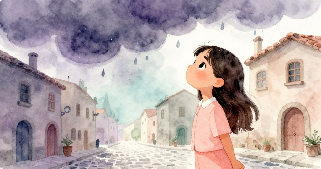 瑪莉索爾仰望烏雲密布天際,雨滴初落古巷濕潤石板,呈現驚懼與奇幻交織氛圍。