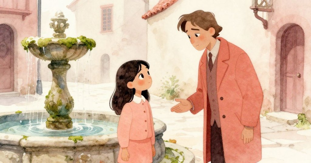 瑪莉索爾與神秘陌生人於陳舊噴泉前交流,彼此肢體語言揭示信任與命運交織之微妙情愫。