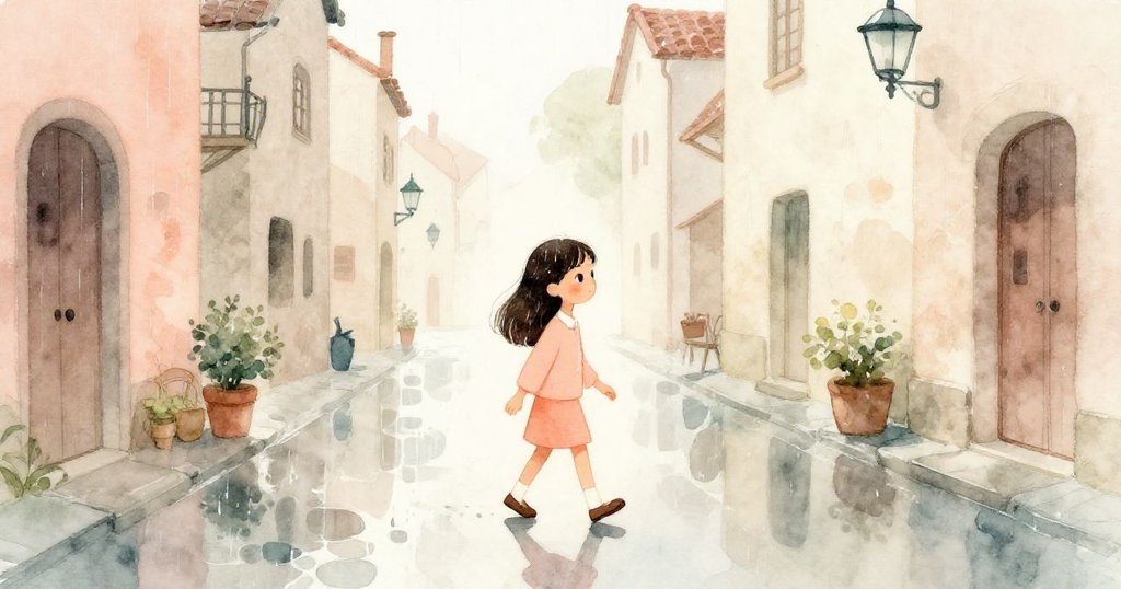 瑪莉索爾獨行於雨後閒散石板路上,倒影映出內心沉思與未來希望,展現寧靜旅程結局。