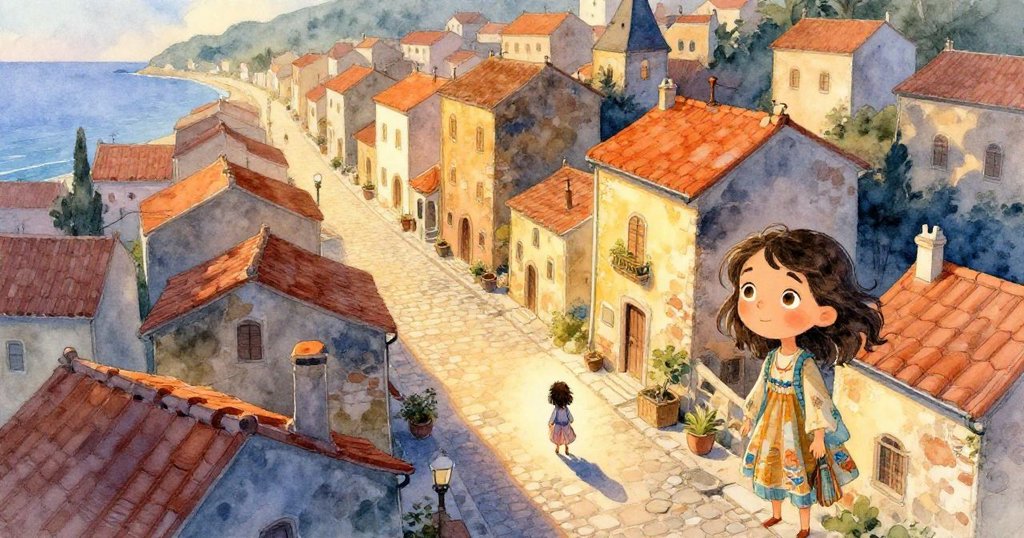 Elena正踏入古老海濱城鎮，晨曦柔和，海鷗飛舞，背景充滿懷舊建築與溫暖光線，充滿期待與好奇。