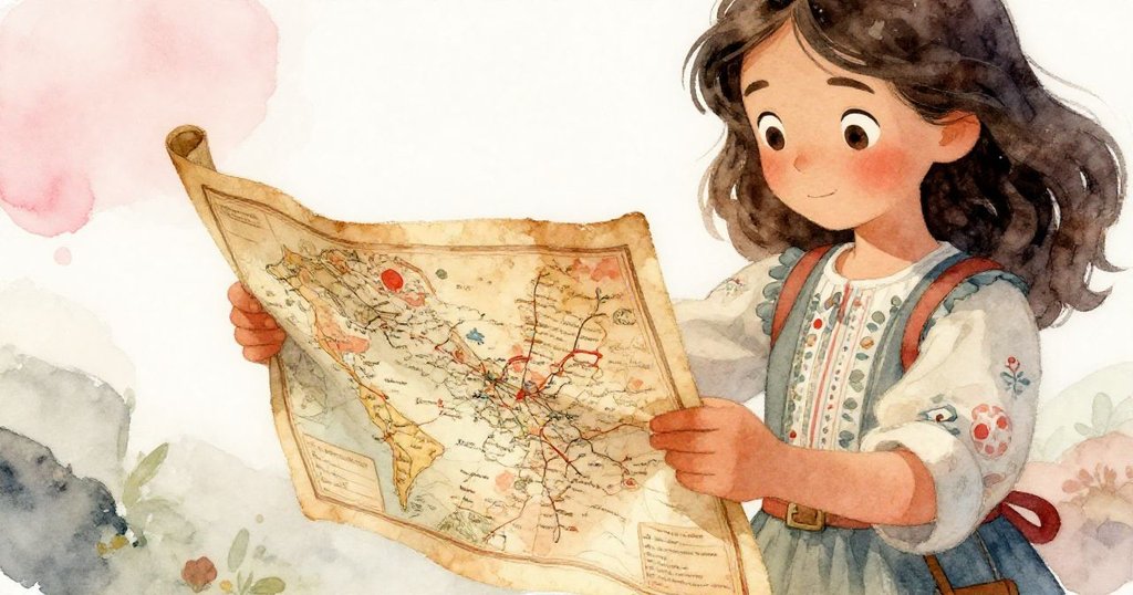 Elena專注地把玩一張古舊地圖，展現精緻紋路與秘傳標記，手部細節清晰充滿驚奇與懷舊。