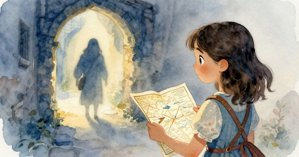 Elena轉身回望，臉上流露好奇與驚奇，背後隱約顯現神秘身影，場景古巷中充滿柔和光影。