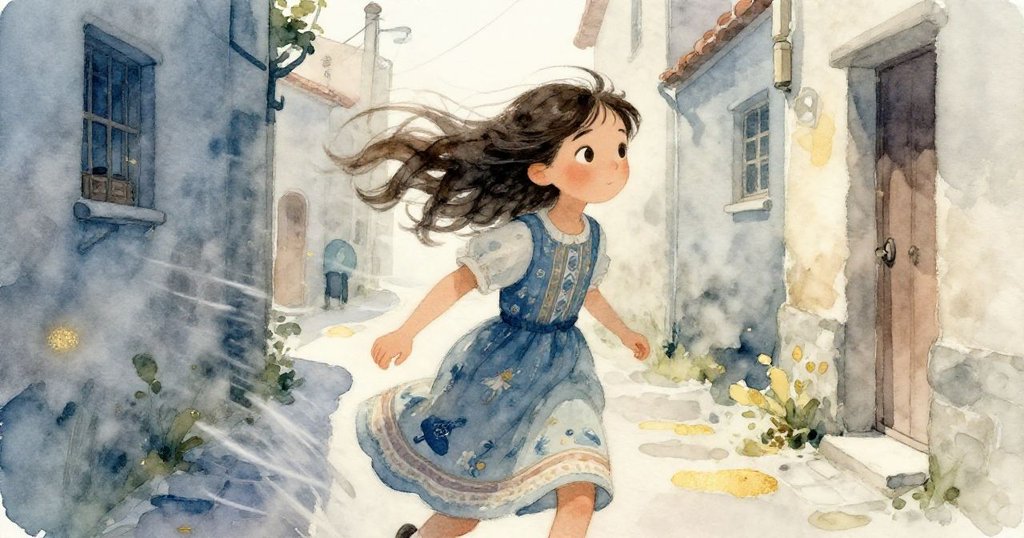 Elena在狹窄巷弄中被強風驅動，動態起跳，髮絲飛揚，表情激動又謹慎，背景呈現冷調與金光交織。