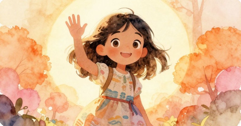 Elena含笑向後揮手告別，背景充滿古樸與自然光暈，暖橙與粉色調融合，流露感激與未來希望。