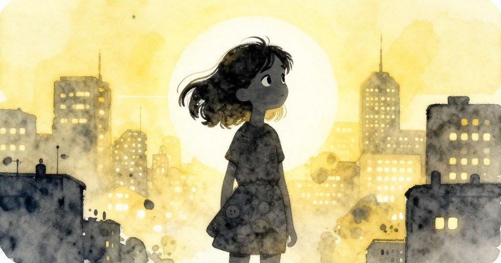 Simone站在黃昏的城市背景中，以剪影形式呈現，展現出堅定與期待的探索心情，背景燦爛並充滿節慶燈光。