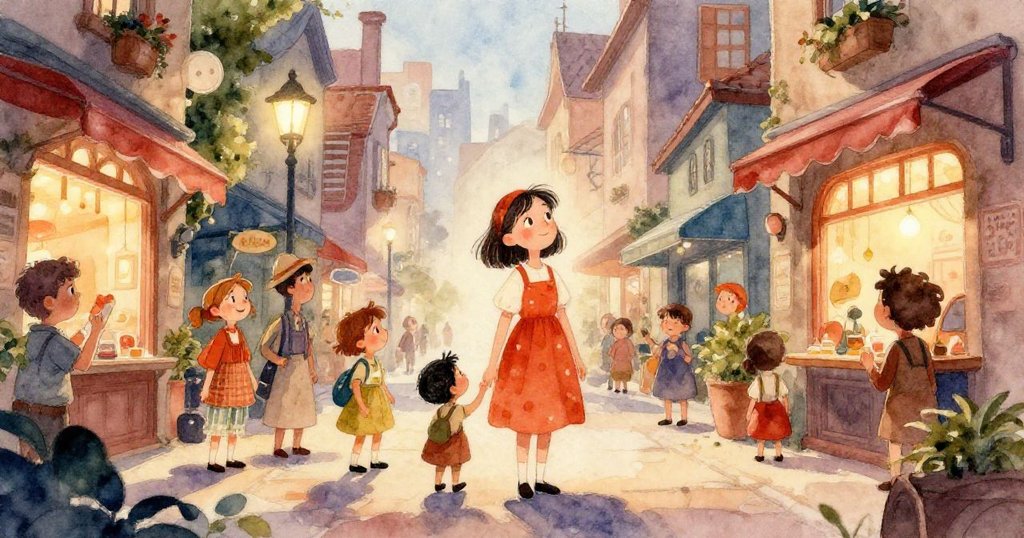 Simone的鞋子在濕潤的鵝卵石巷道上留下清晰腳印，反映出她探索城市秘密的堅定步伐與細膩情感。