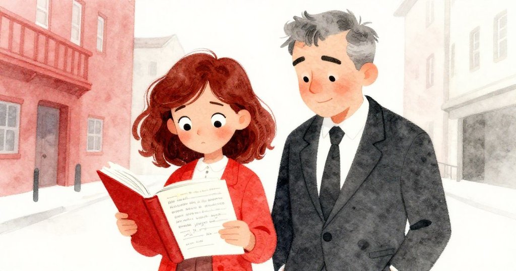 Simone低頭檢視記滿筆記的日記，表情堅定而疑惑，旁邊的Mr. Gale靜靜陪伴，背景展現出神秘的城市牆面。