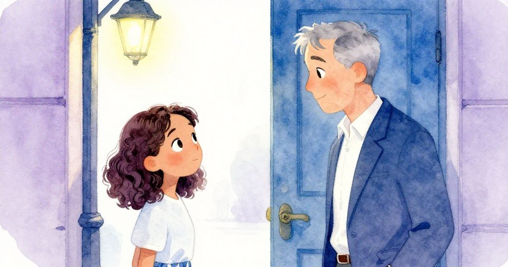 Simone與Mr. Gale站在門口的轉換空間中低語，柔和街燈照亮他們期待而堅定的臉龐，預示著真相即將展開。