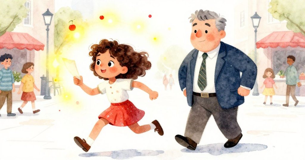 Simone與Mr. Gale在繁忙廣場中迅速前進，Simone手中發光的筆記指引真相，多彩背景中展現出追尋線索的生動動作。