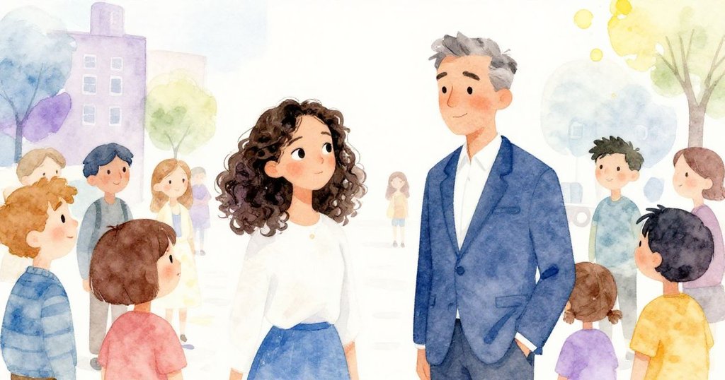 Simone與Mr. Gale在寧靜廣場與居民重逢，分享探索成果，臉上洋溢著理解與喜悅，溫暖燈光映襯和諧場景。