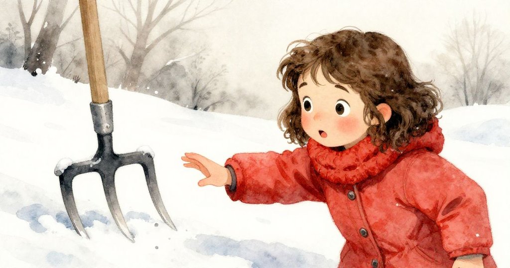 愛麗絲伸手觸碰雪中生鏽的草叉，揭示節慶神秘象徵，畫面細膩溫馨，充滿傳統氣息。