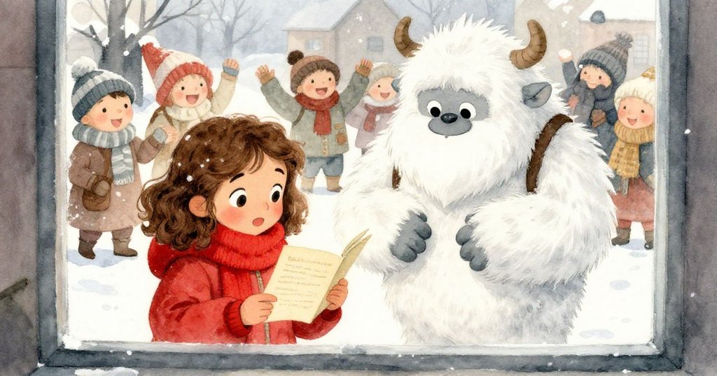 愛麗絲透過霜凍窗戶閱讀神秘信件，窗外節慶遊行中奇趣雪人逗趣村民，展現冬日歡樂景象。