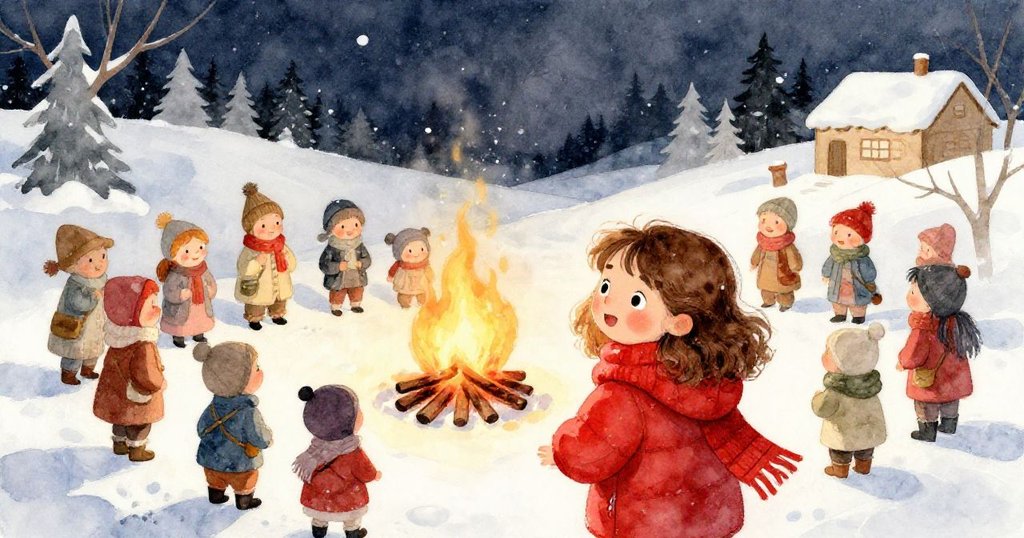 夜幕降臨節慶熱鬧非凡，愛麗絲與村民圍繞火堆歡笑談天，火光映襯冰雪景致溫暖動人。
