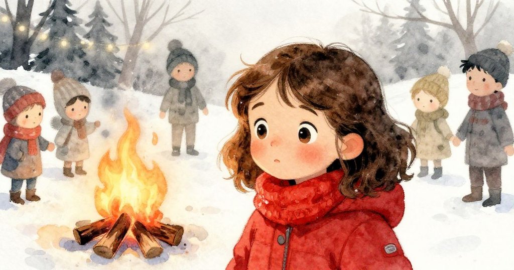 愛麗絲靠近火堆靜思，表情中蘊含遺憾與希望，火光映照她內心柔情與勇氣渴望。