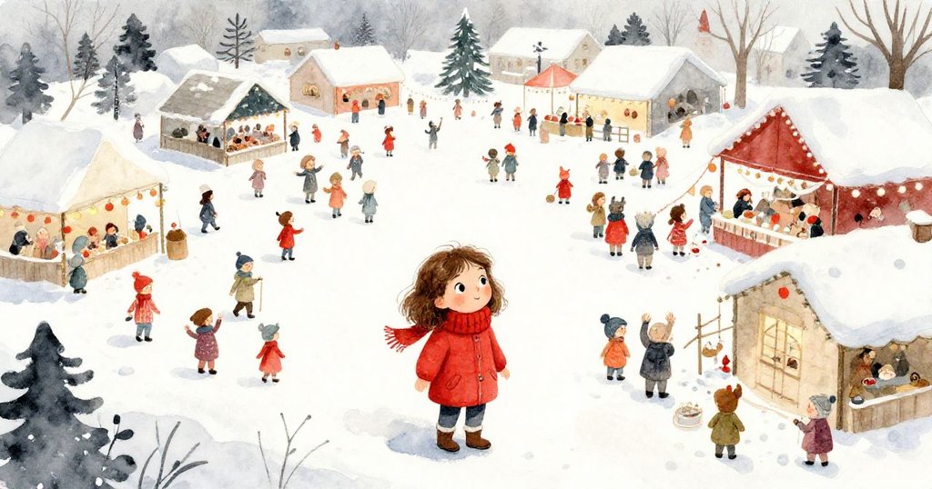 廣角呈現熱鬧節慶全景，愛麗絲在群眾中顯得渺小，象徵自我成長與社群團結的壯觀場面。