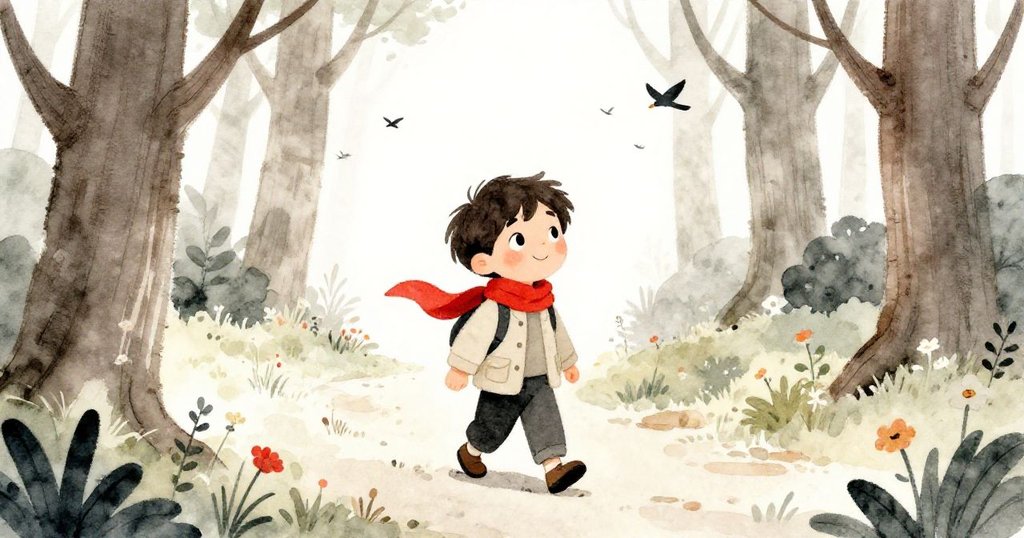 Traveler 穿著探險裝，在陽光森林小徑上快樂前行，鳥鳴環繞，展現冒險與好奇情懷。