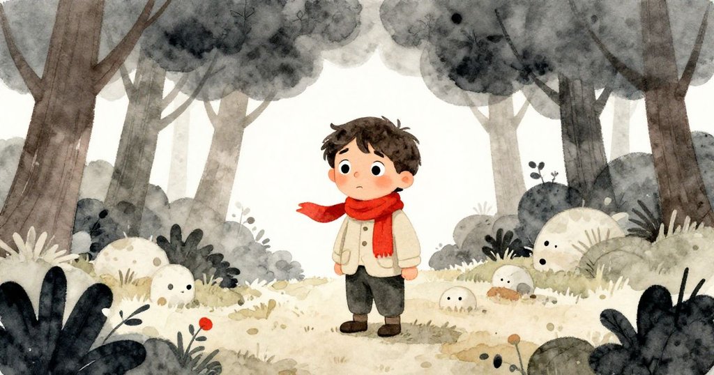 Traveler 仰望聚集烏雲，表情顯露憂慮，從高處俯瞰森林中突來暴風雨前兆。