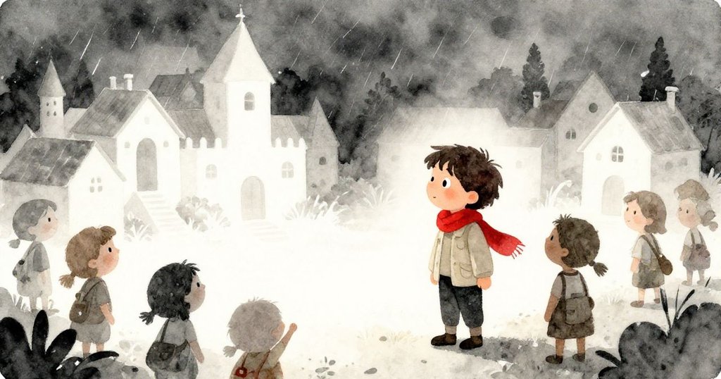 Traveler 在風暴中發現神秘發光空地，隱藏村莊閃爍生機，村民陸續現身迎接，驚喜交織。