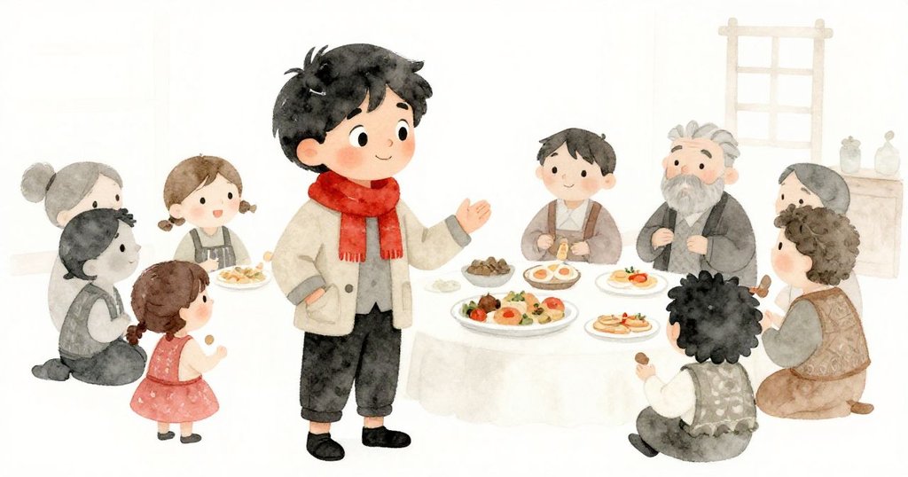 Traveler 與村民圍坐分享豐盛美食與故事，笑容洋溢，現場充滿溫馨與喜悅的慶祝氣氛。