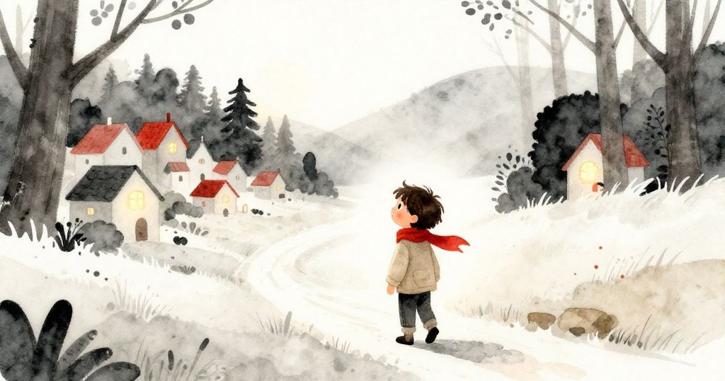 Traveler 在暮色中告別隱藏村莊，踏上幽靜森林小徑，心中滿載溫馨記憶，微笑回望展露留戀情懷。