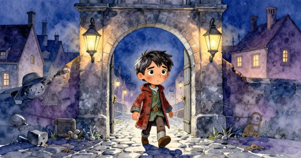 Elias走出古老港口的拱門，夕光映照石板路，他充滿期待開啟新冒險，歷史氛圍濃厚。