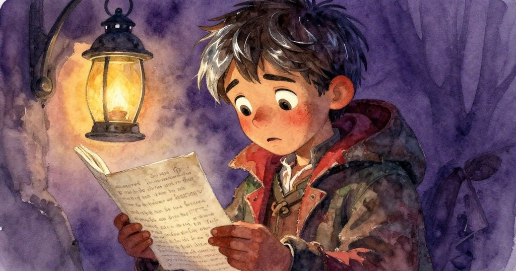 Elias在柔和燈光下仔細閱讀信件，面上流露出憂慮與好奇，神秘符號隱約展現古老訊息。