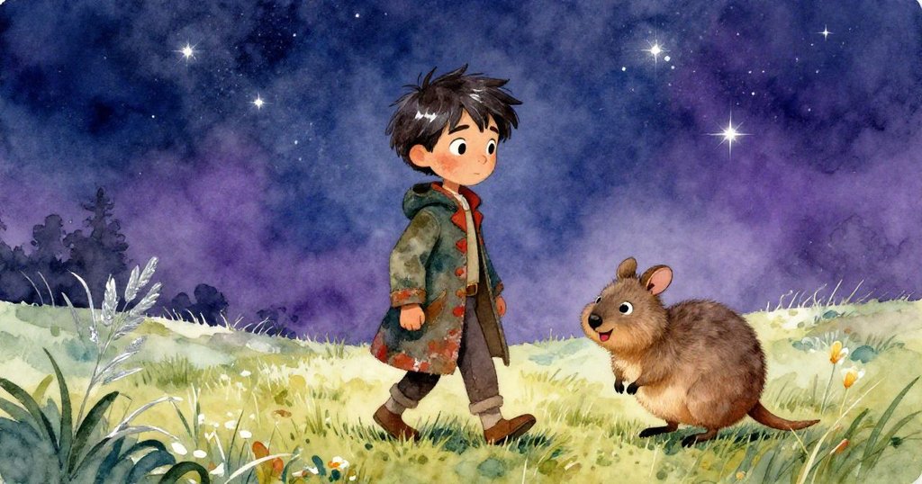 在星夜與晨曦交織的草原上，Elias與快樂短尾袋鼠並肩而行，象徵新冒險與內心重生，充滿溫暖希望。