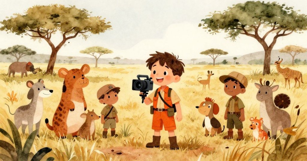 利亞姆與探險隊在非洲草原熱情交流,背景有奔跑的動物與明亮晨光,大家展現著興奮與好奇心。